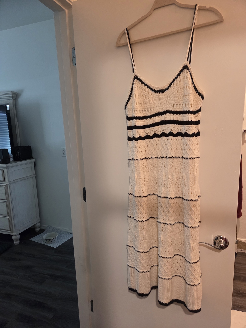 Nicole Miller Cream Crochet Midi Dress with Black Trim
